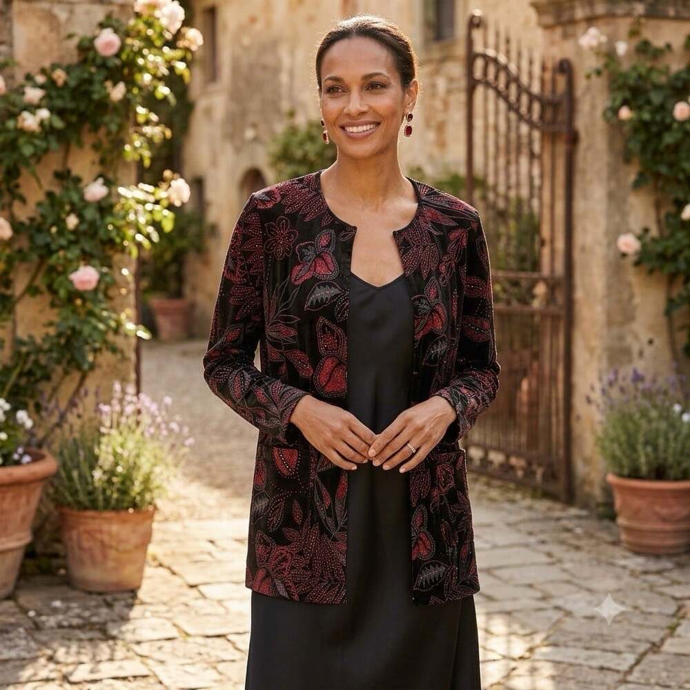 Elementz Sz XL Black Velvet Red Sparkle Evening Jacket Blazer Holiday Wedding